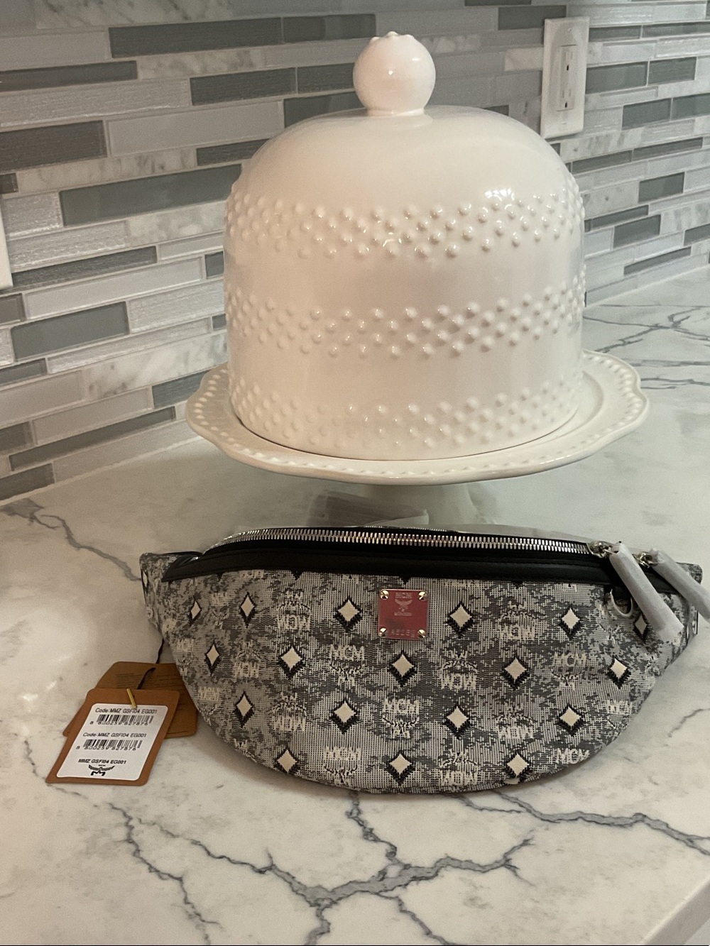 New MCM Grey White Visetos Monogram Belt Bag